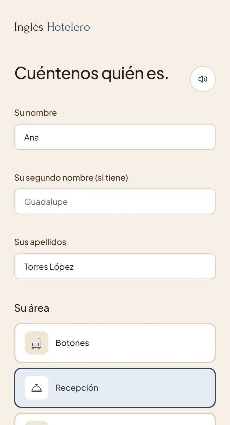 Pantalla de entrada con código del hotel, nombre, área y puesto