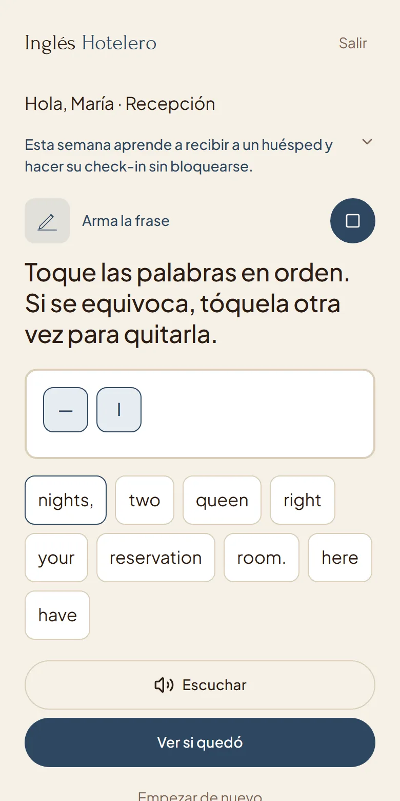 La frase en fichas de palabras, para armarla en orden