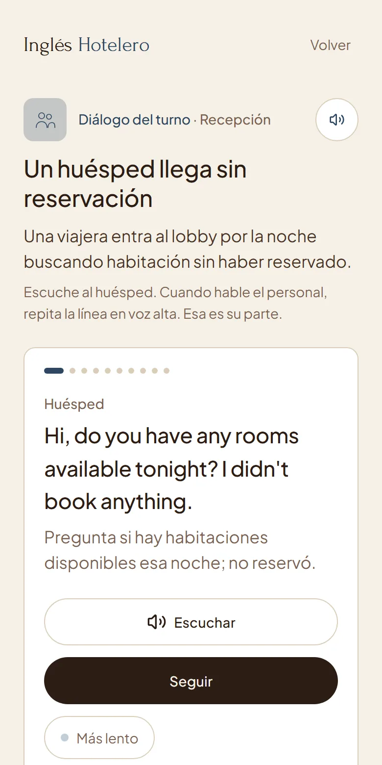Diálogo del turno: un huésped llega sin reservación