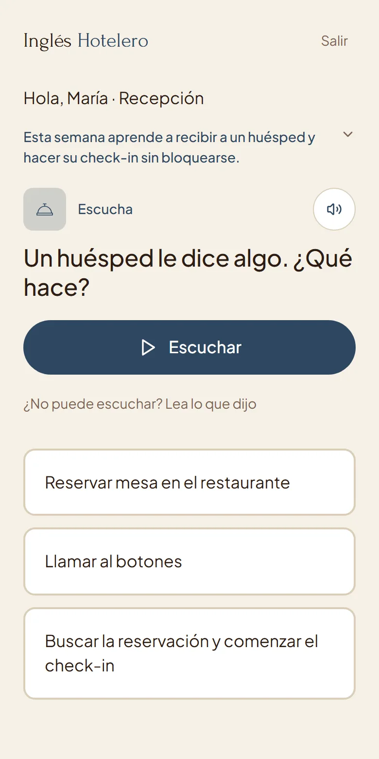 Un huésped habla y el aprendiz elige la acción correcta entre tres