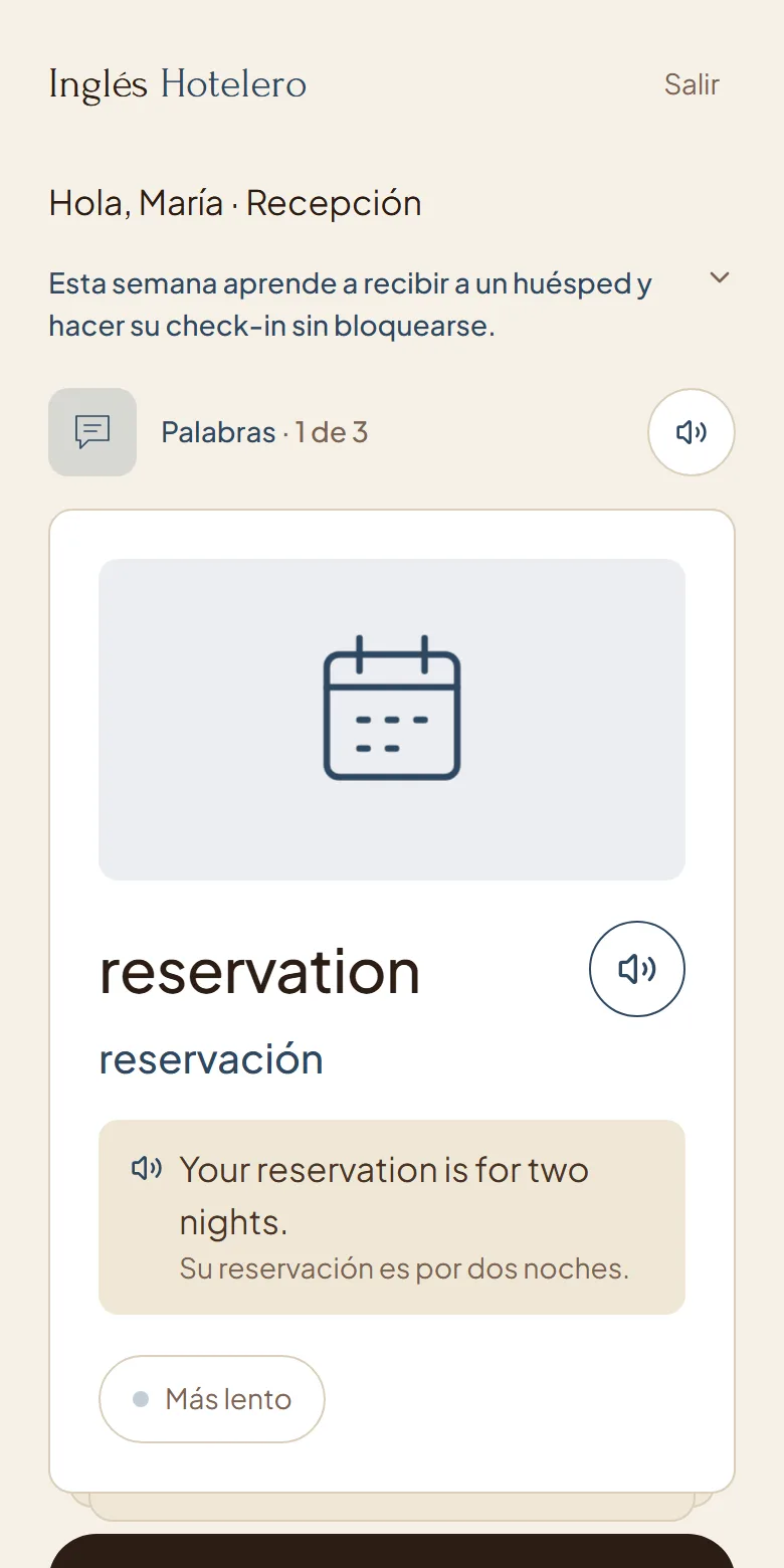 Tarjeta de vocabulario con la palabra reservation, su dibujo y el botón de voz