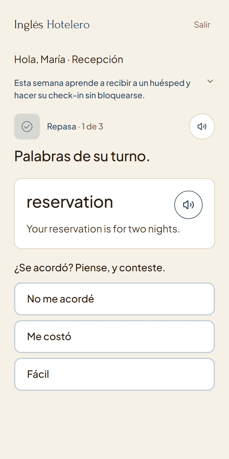 Pantalla de repaso que adapta la práctica a cada persona