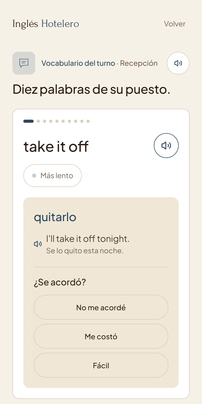 Diez palabras de su puesto: la tarjeta take it off