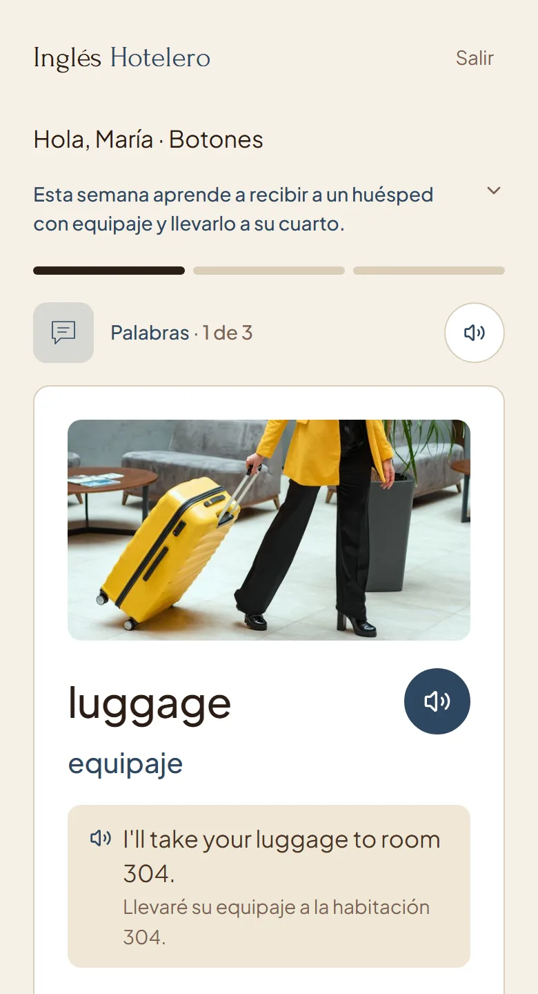 Tarjeta de práctica con vocabulario hotelero y audio